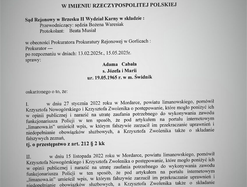 Prawomocny wyrok w sprawie zniesławienia funkcjonariuszy Policji. Limanowa