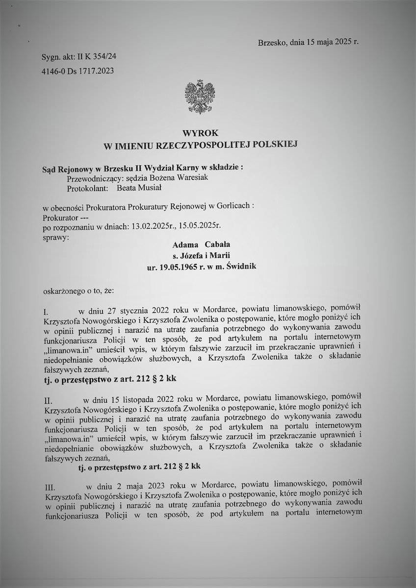 Prawomocny wyrok w sprawie zniesławienia funkcjonariuszy Policji. Limanowa