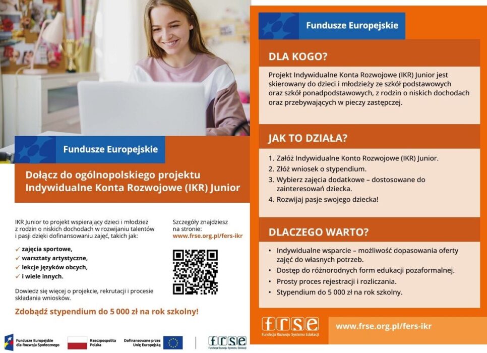 Projekt „Indywidualne Konta Rozwojowe (IKR) Junior” to szansa na sfinansowanie zajęć pozaszkolnych dla dzieci i młodzieży. Zembrzyce