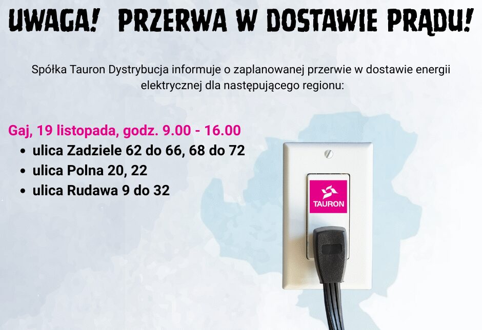 19 listopada przerwa w dostawie prądu w Gaju. Gmina Mogilany