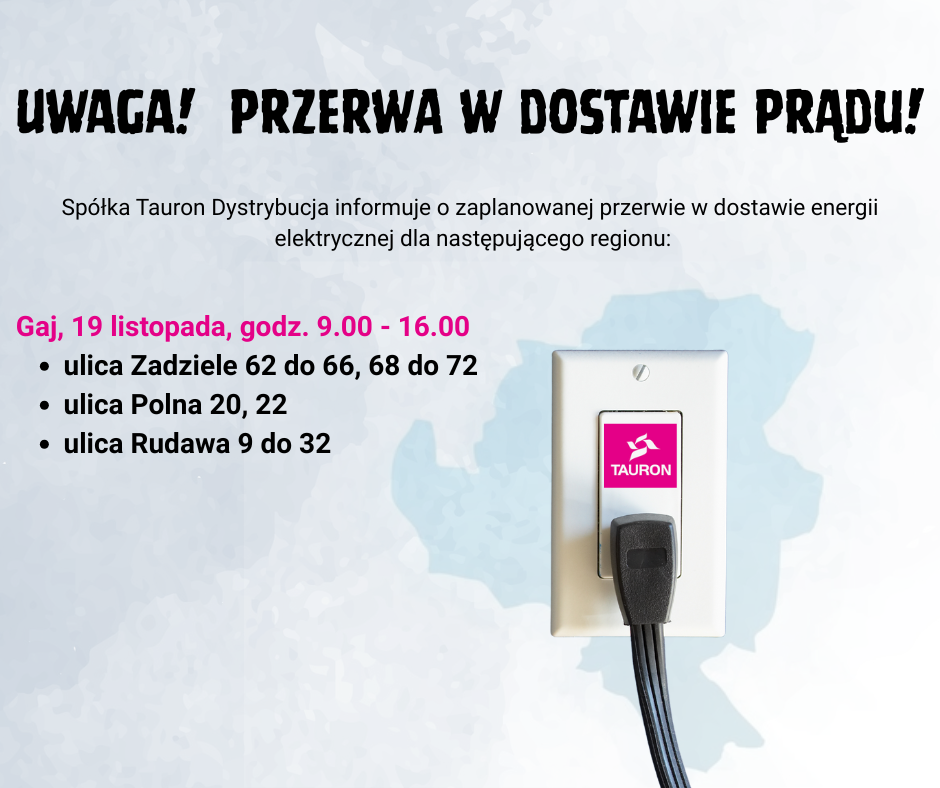 19 listopada przerwa w dostawie prądu w Gaju. Gmina Mogilany