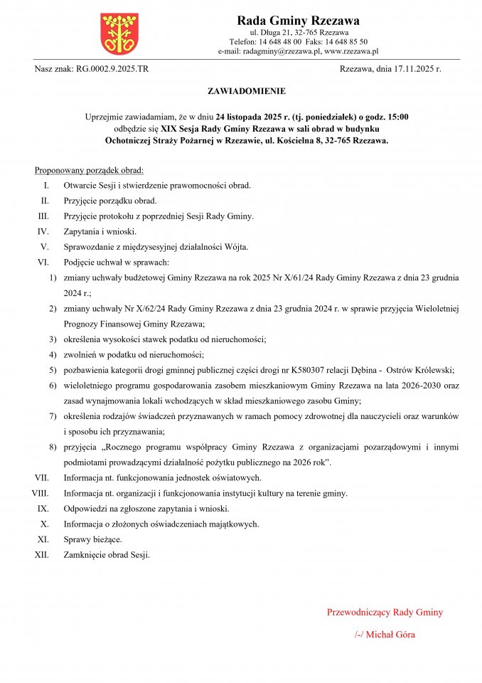 Zawiadomienie. Gmina Rzezawa