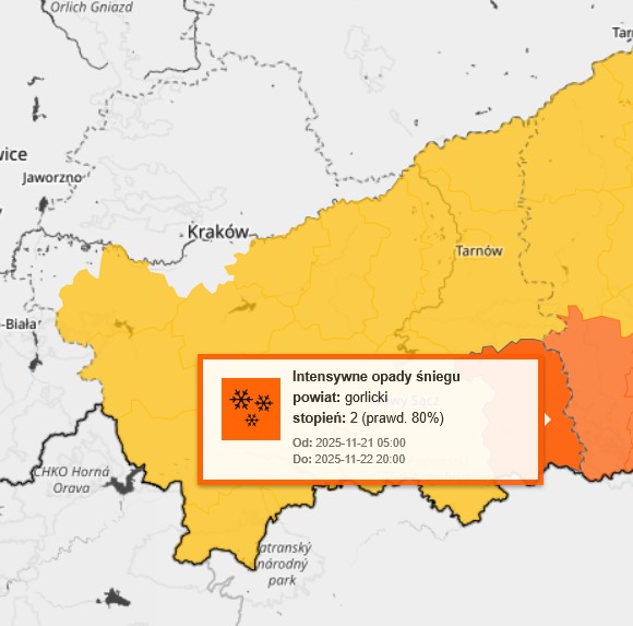 Prognozowane intensywne opady śniegu. Małopolska