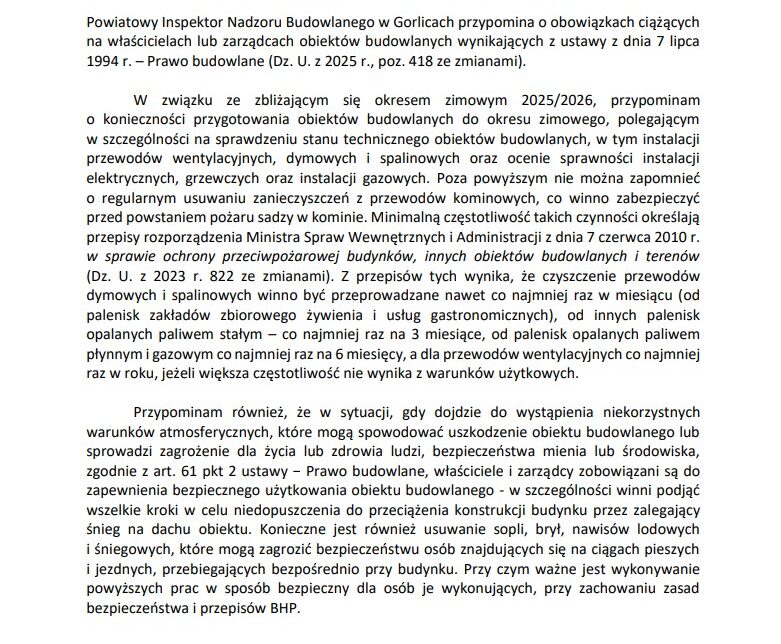 Komunikat Powiatowego Inspektora Nadzoru Budowlanego w Gorlicach. Gmina Ropa