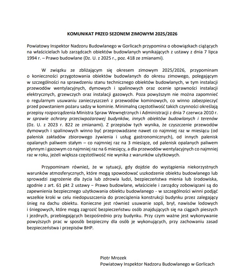 Komunikat Powiatowego Inspektora Nadzoru Budowlanego w Gorlicach. Gmina Ropa