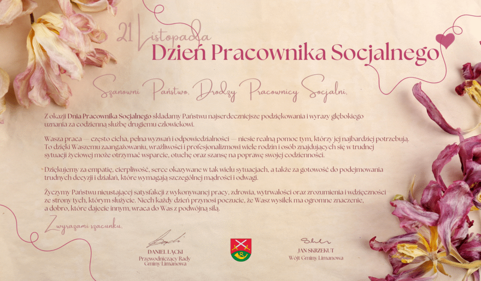 Życzenia z okazji Dnia Pracownika Socjalnego 2025. Gmina Limanowa