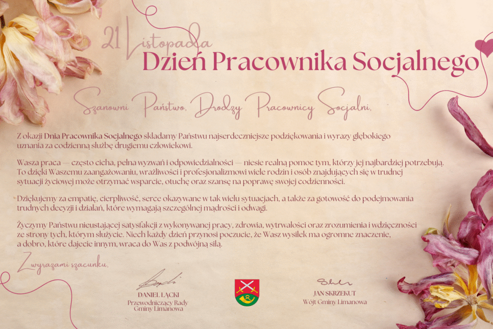 Życzenia z okazji Dnia Pracownika Socjalnego 2025. Gmina Limanowa