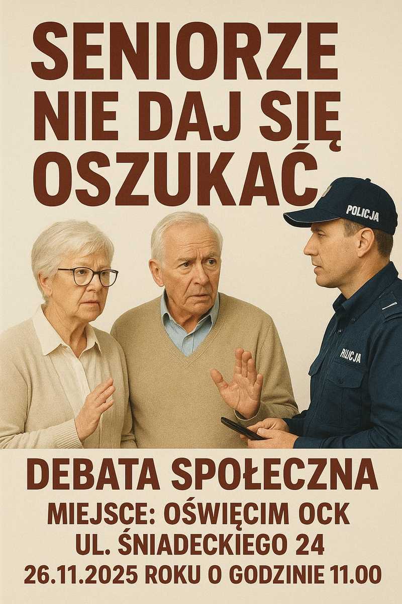 Oświęcim. 26.11.2025 Zaproszenie na debatę społeczną pt. „Seniorze nie daj się oszukać”. Oświęcim