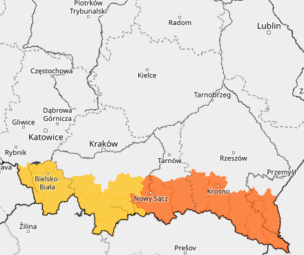 Raport pogodowy na godz. 18 w Małopolsce. Małopolska