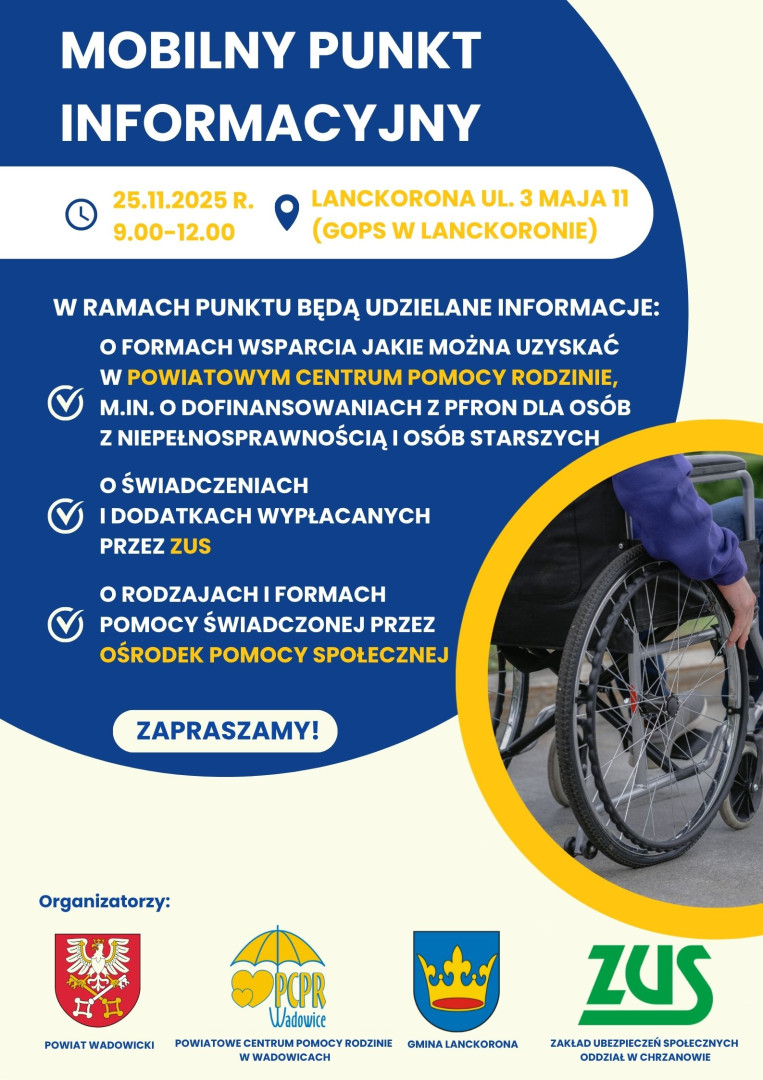 MOBILNY PUNKT INFORMACYJNY – 25 LISTOPADA ZAPRASZAMY DO LANCKORONY I STRYSZOWA. Wadowice