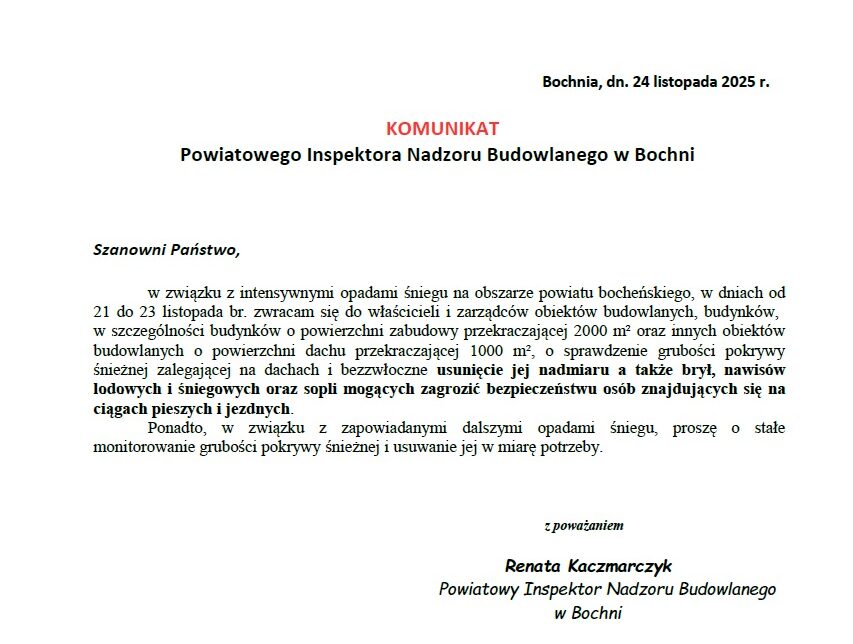 KOMUNIKAT PINB w Bochni. Gmina Żegocina