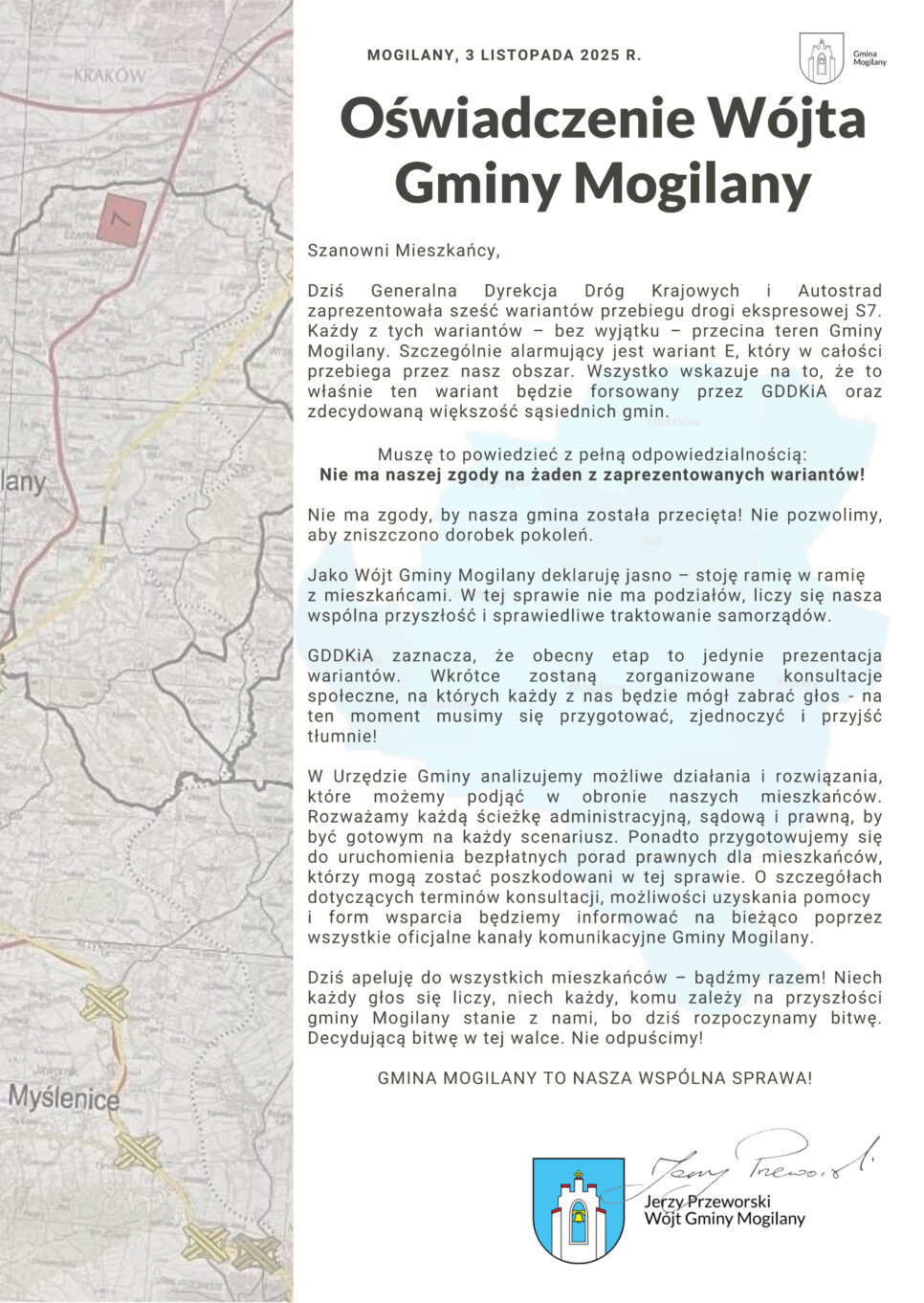 Oświadczenie Wójta Gminy Mogilany w sprawie planowanej budowy nowego odcinka drogi ekspresowej S7. Gmina Mogilany