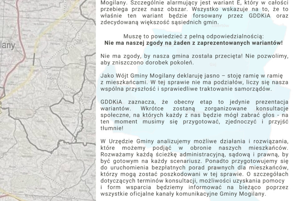 Oświadczenie Wójta Gminy Mogilany w sprawie planowanej budowy nowego odcinka drogi ekspresowej S7. Gmina Mogilany