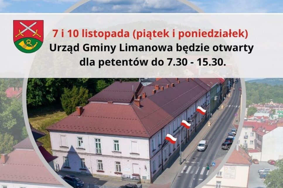 Urząd Gminy Limanowa czynny 7 i 10 listopada. Gmina Limanowa