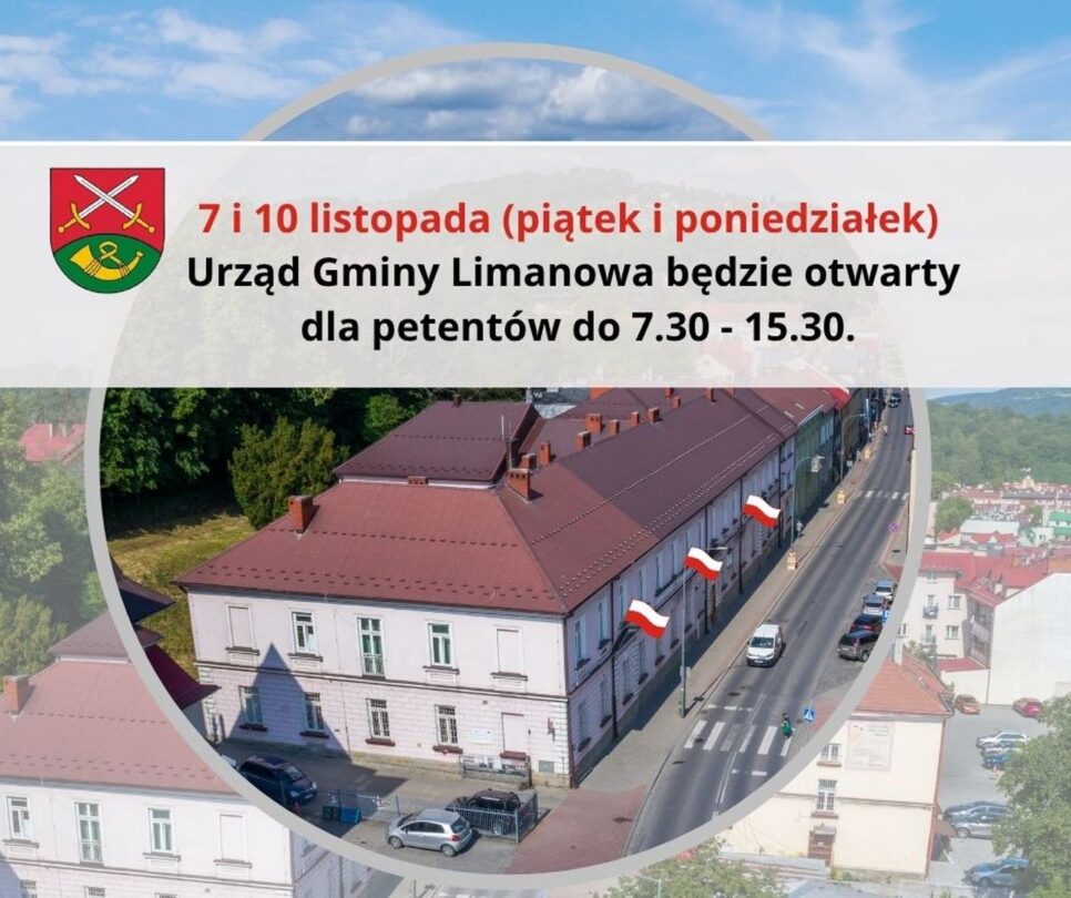 Urząd Gminy Limanowa czynny 7 i 10 listopada. Gmina Limanowa