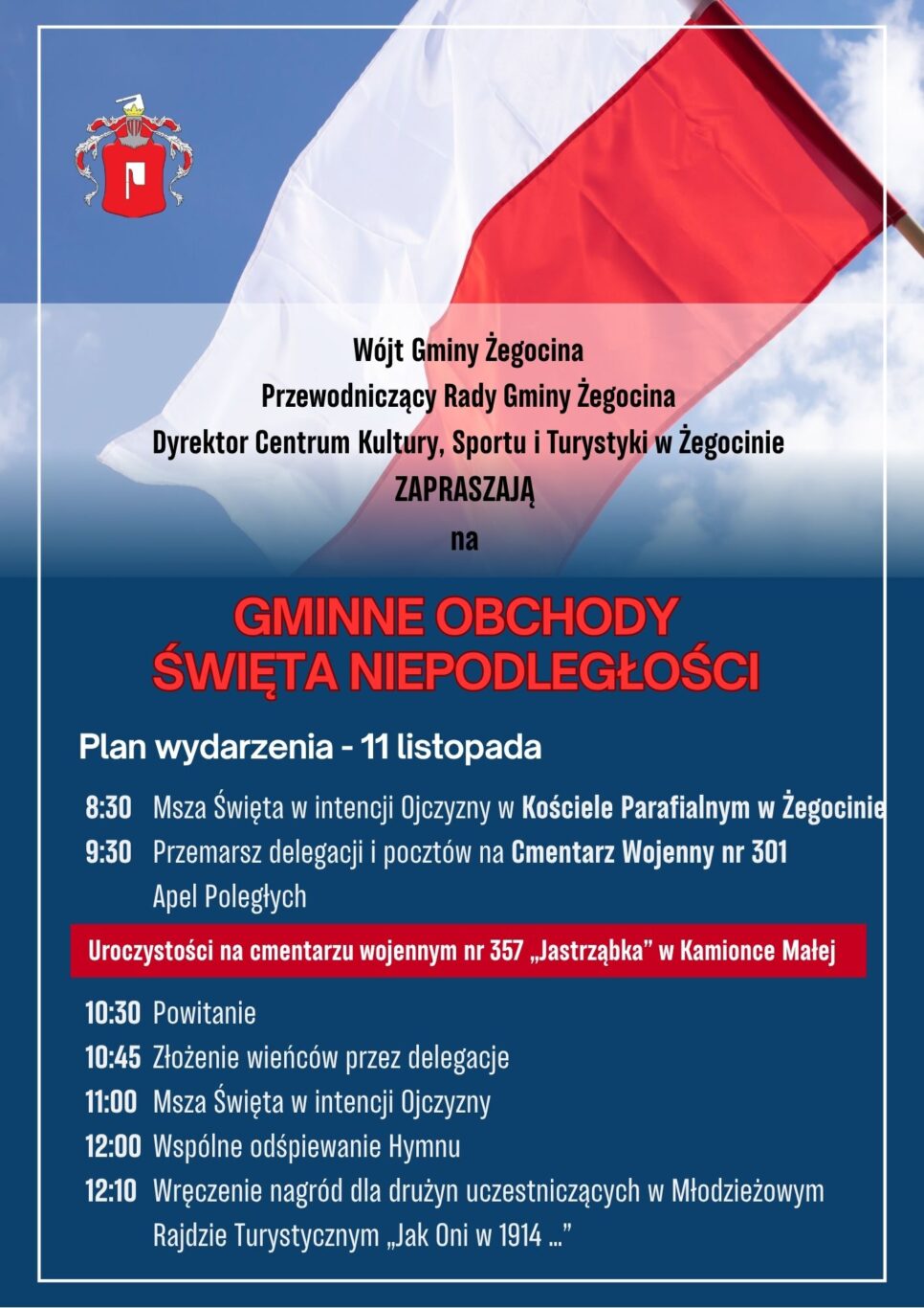 Zaproszenie na Gminne Obchody 11 listopada w Żegocinie – 2025 rok. Gmina Żegocina