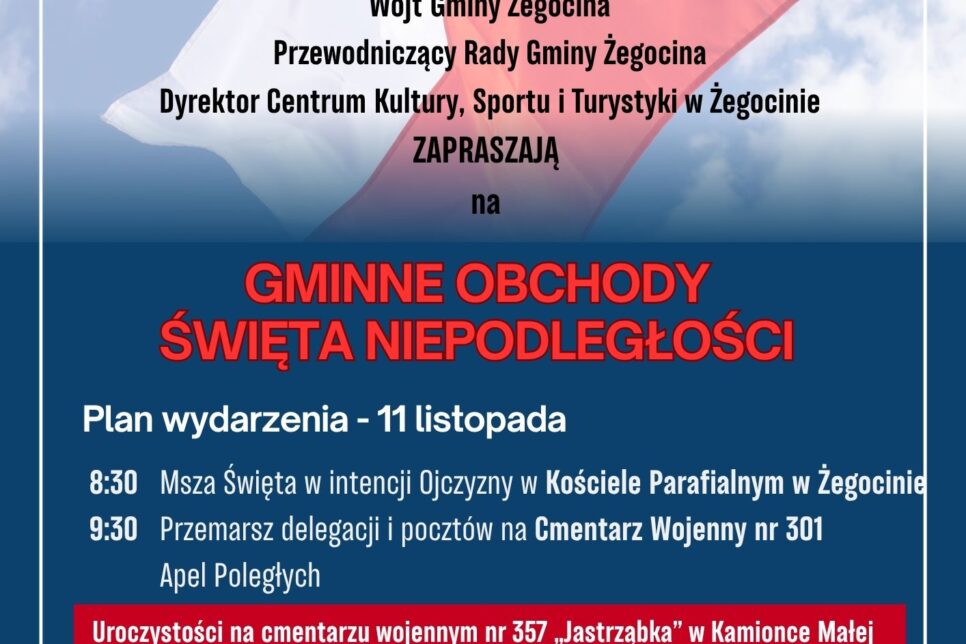 Zaproszenie na Gminne Obchody 11 listopada w Żegocinie – 2025 rok. Gmina Żegocina