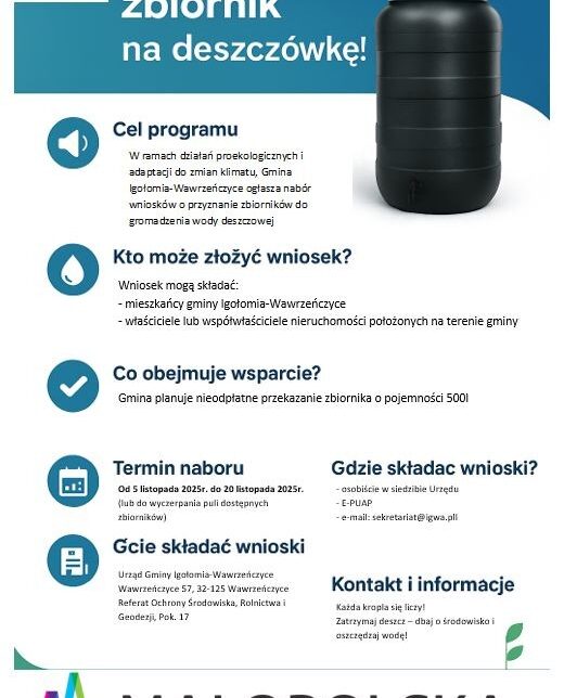 „Małopolska Deszczówka 2025” – Odbierz darmowy zbiornik na deszczówkę!. Gmina Igołomia-Wawrzeńczyce