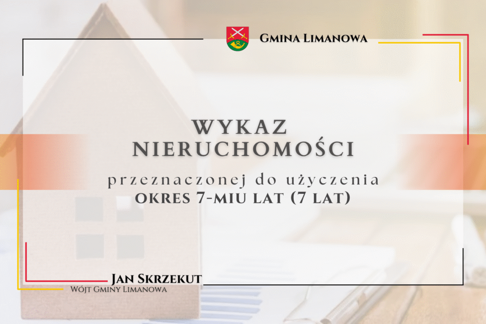 Wykaz nieruchomości stanowiącej własność Gminy Limanowa przeznaczonej do użyczenia na okres 7 lat. Gmina Limanowa