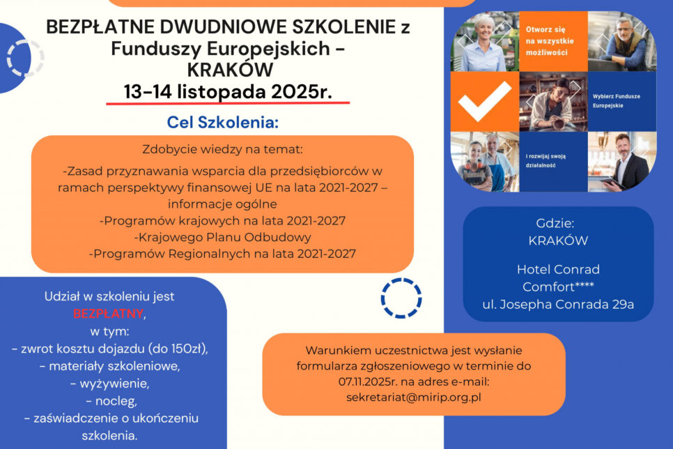 Zapraszamy na bezpłatne szkolenie z Funduszy Europejskich. Gmina Brzesko