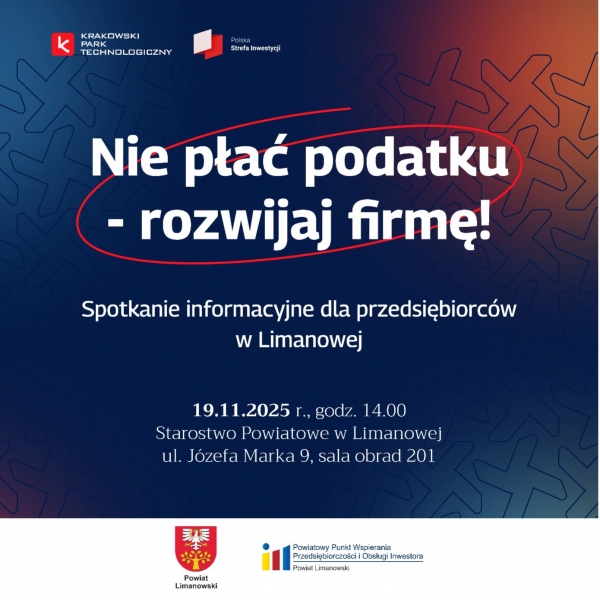 Zaproszenie na spotkanie dla przedsiębiorców – Nie płać podatku – rozwijaj firmę!. Gmina Mszana Dolna