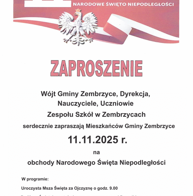 Zaproszenie na obchody Narodowego Święta Niepodległości. Zembrzyce