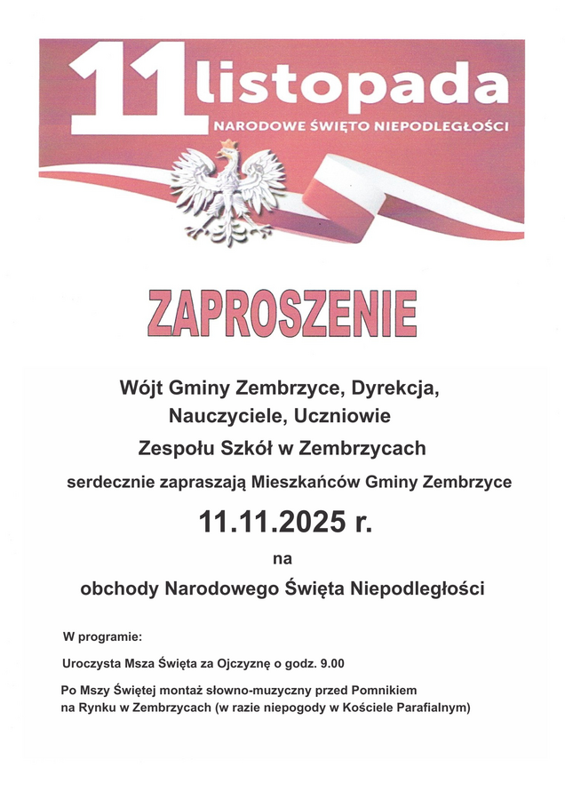 Zaproszenie na obchody Narodowego Święta Niepodległości. Zembrzyce