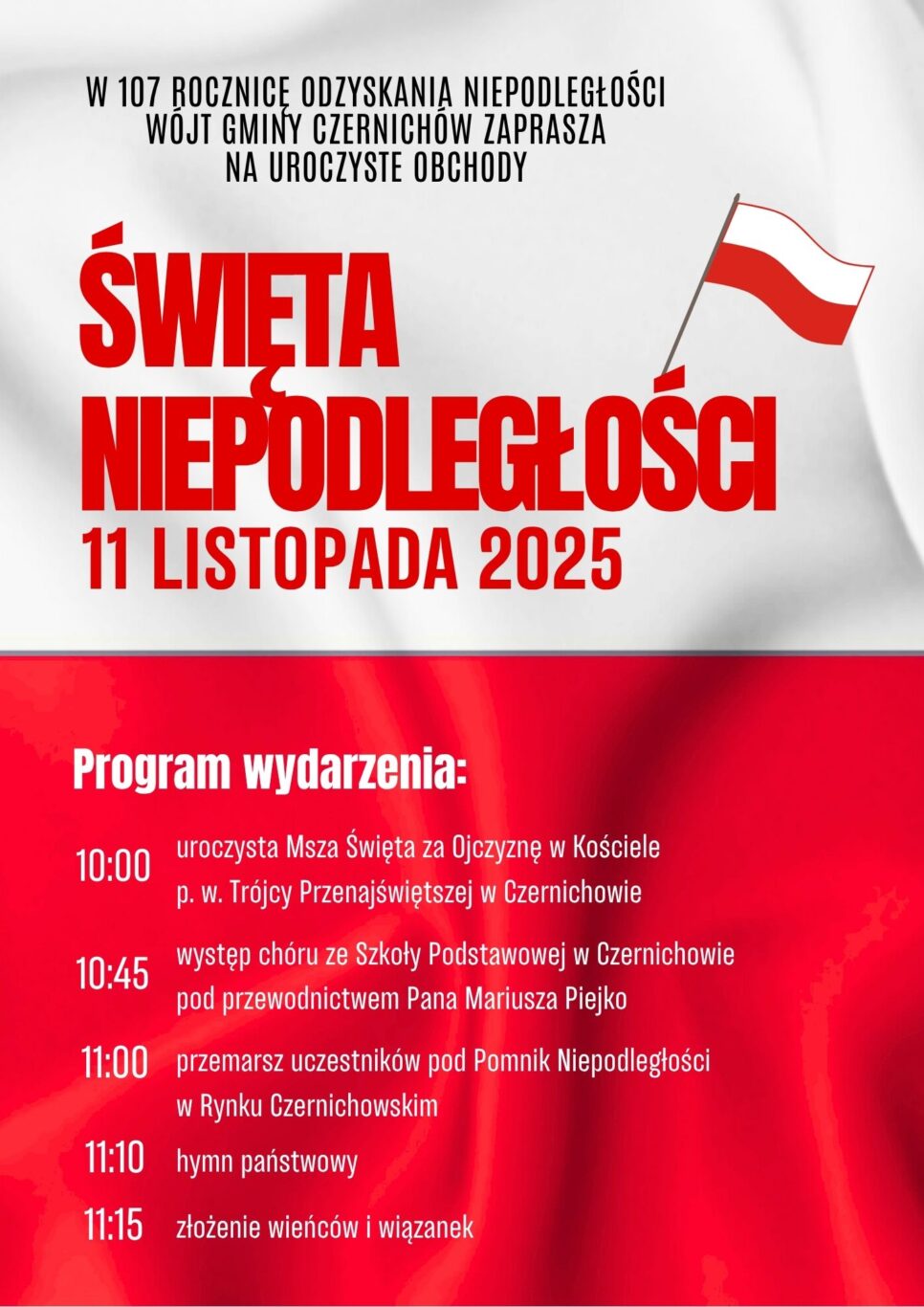 Świętujmy razem 107. rocznicę odzyskania przez Polskę Niepodległości!. Gmina Czernichów