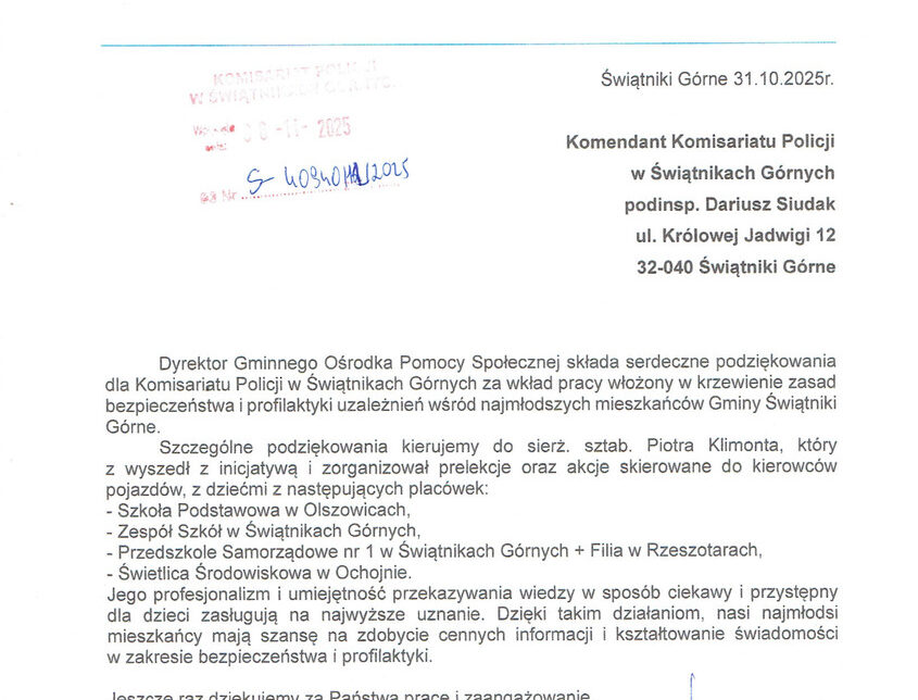 Podziękowanie dla Komisariatu Policji w Świątnikach Górnych. Kraków