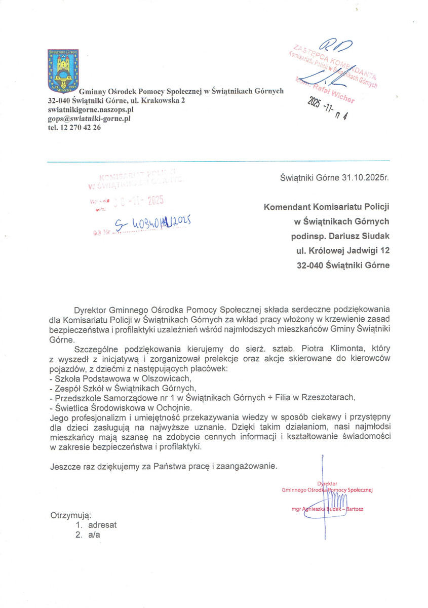Podziękowanie dla Komisariatu Policji w Świątnikach Górnych. Kraków