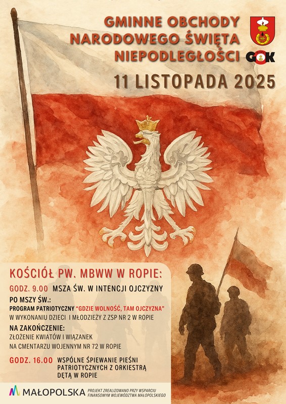 Zaproszenie na obchody Święta Niepodległości. Gmina Ropa
