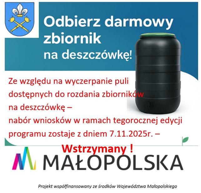 Małopolska Deszczówka 2025 – Zakończenie przyjmowania wniosków o przyznanie zbiorników na deszczówkę. Gmina Igołomia-Wawrzeńczyce