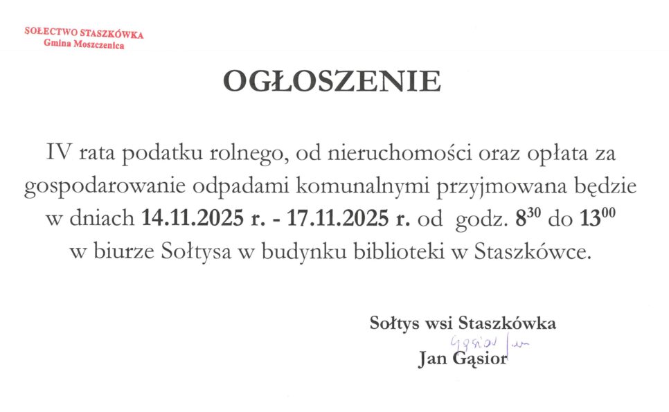 Ogłoszenie Sołtysa Staszkówki. Gmina Moszczenica