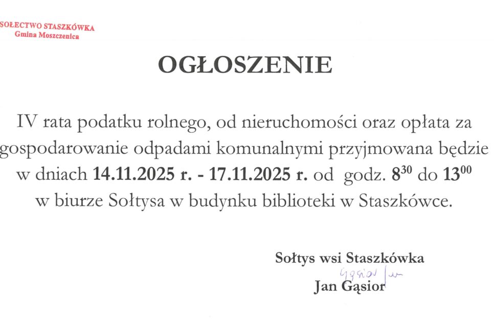 Ogłoszenie Sołtysa Staszkówki. Gmina Moszczenica
