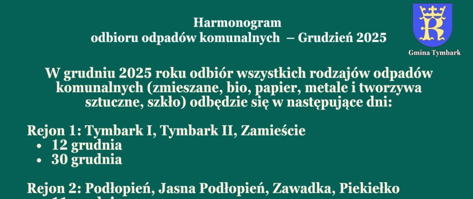 Harmonogram odbioru odpadów komunalnych – Grudzień 2025. Gmina Tymbark