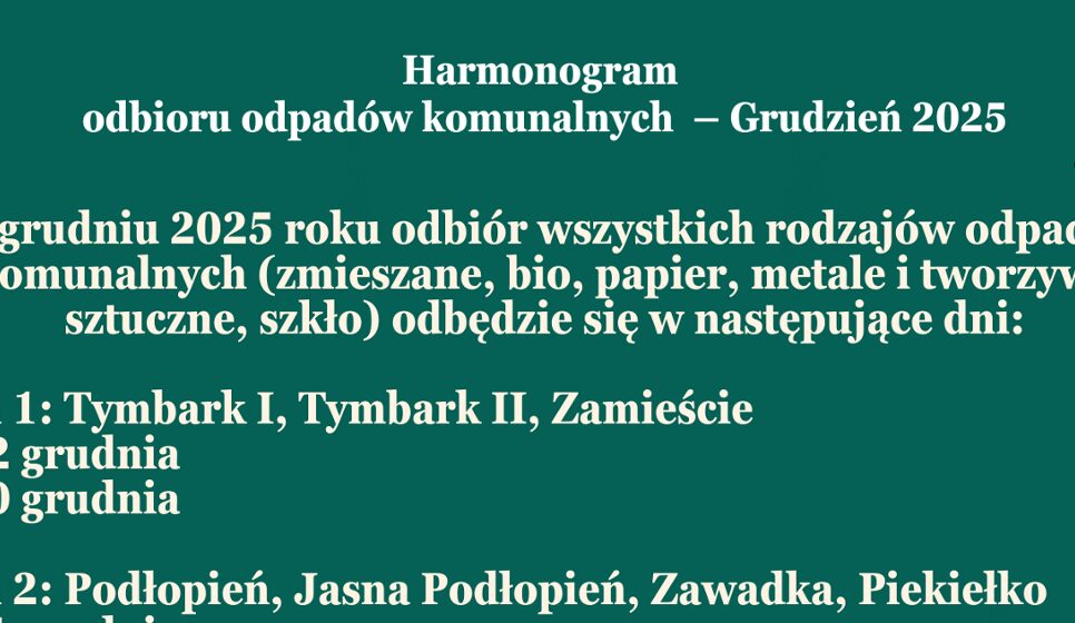 Harmonogram odbioru odpadów komunalnych – Grudzień 2025. Gmina Tymbark