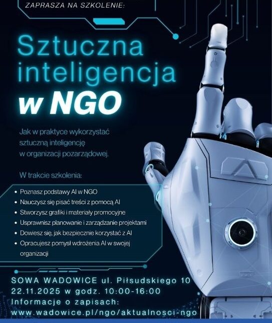 Zapraszamy na szkolenie „Sztuczna inteligencja w NGO – praktyczne zastosowania”. Wadowice