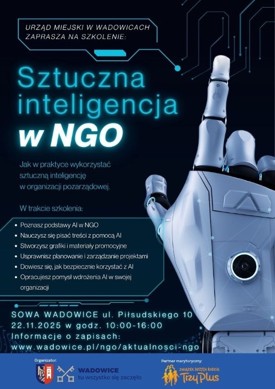 Zapraszamy na szkolenie „Sztuczna inteligencja w NGO – praktyczne zastosowania”. Wadowice