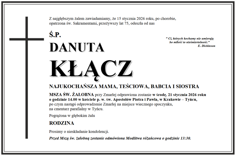 Z głębokim żalem informujemy … pożegnanie lek. Danuty Kłącz. 5WSZK Kraków