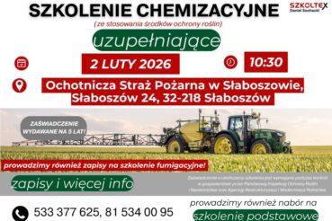 Uwaga! Już 2 lutego odbędzie się obowiązkowe szkolenie CHEMIZACYJNE UZUPEŁNIAJĄCE dla rolników naszej Gminy.. Gmina Słaboszów