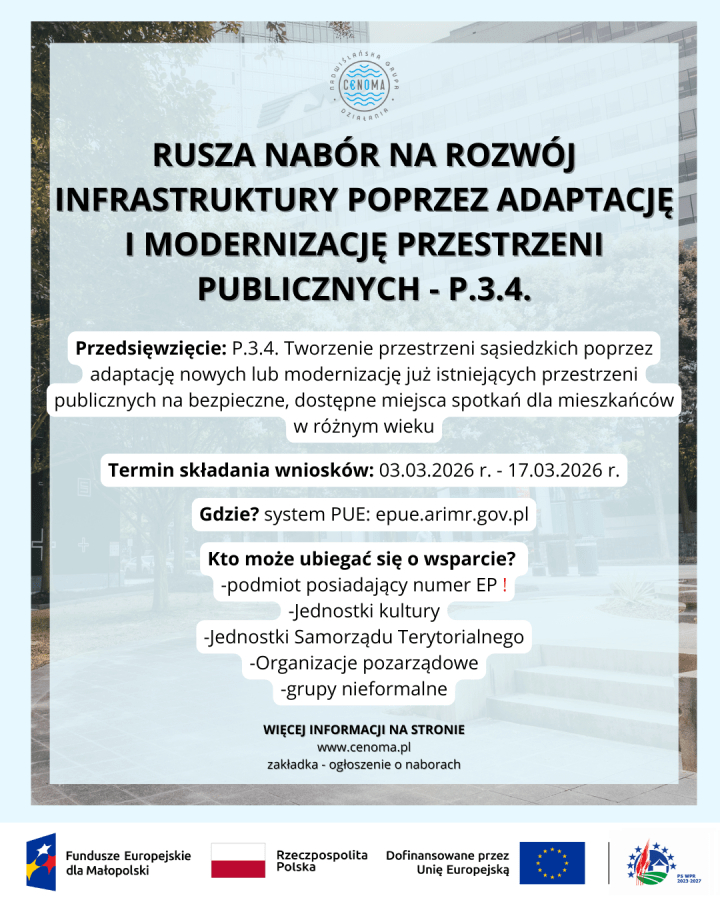 OGŁOSZENIE O NABORZE – Poprawa dostępu do małej infrastruktury publicznej – Przedsięwzięcie P.3.4.. Gmina Drwina