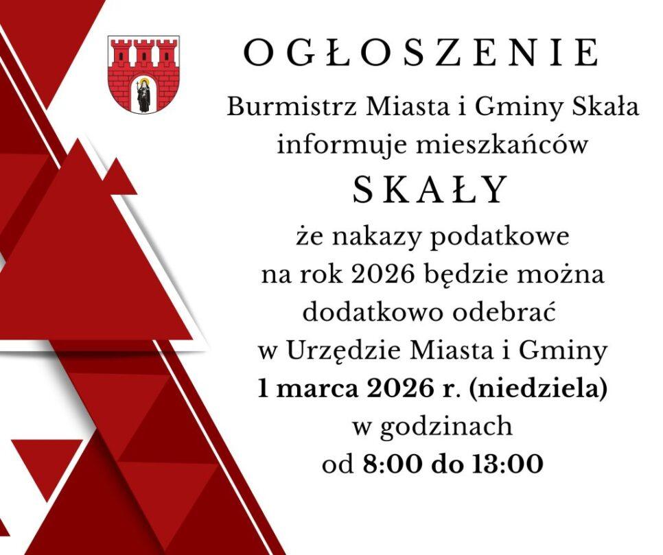 Odbiór nakazów podatkowych w budynku UMiG Skała. Gmina Skała