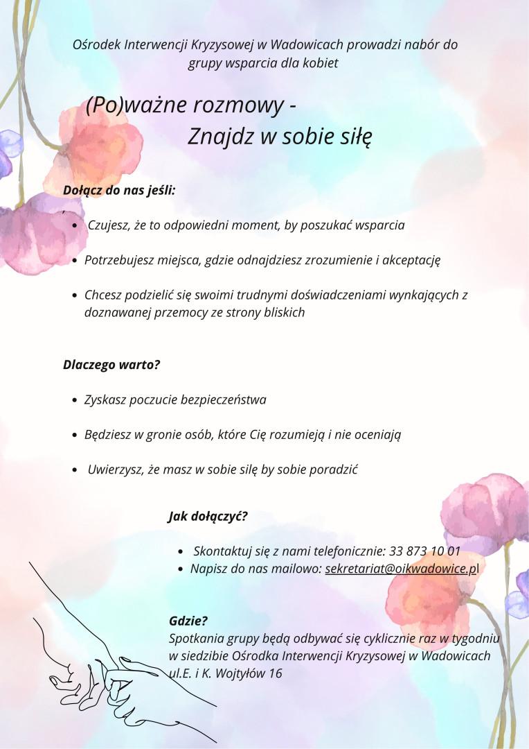 Nabór do Grupy wsparcia dla kobiet „(Po)ważne rozmowy”. Wadowice