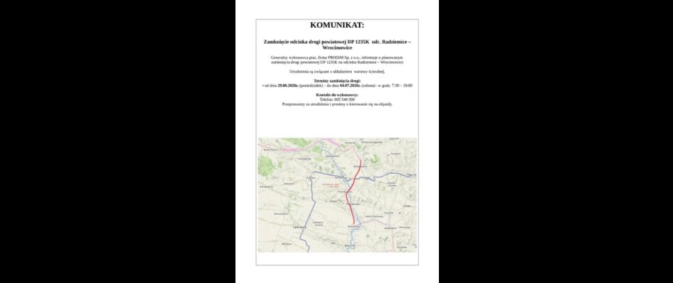 Zamknięcie odcinka drogi powiatowej DP 1235K odc. Radziemice – Wrocimowice. Proszowice